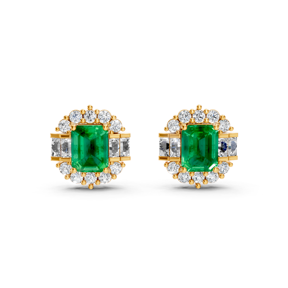 Colombian Emerald Art Deco Baguette & Round Halo Stud Earrings