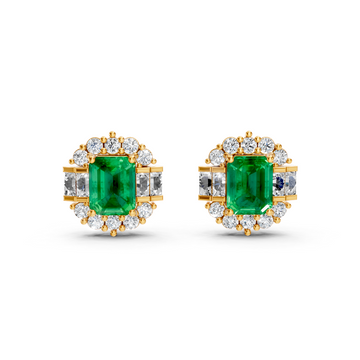 Colombian Emerald Art Deco Baguette & Round Halo Stud Earrings