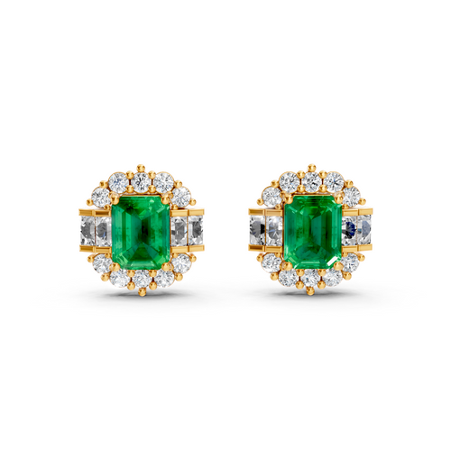 Colombian Emerald Art Deco Baguette & Round Halo Stud Earrings