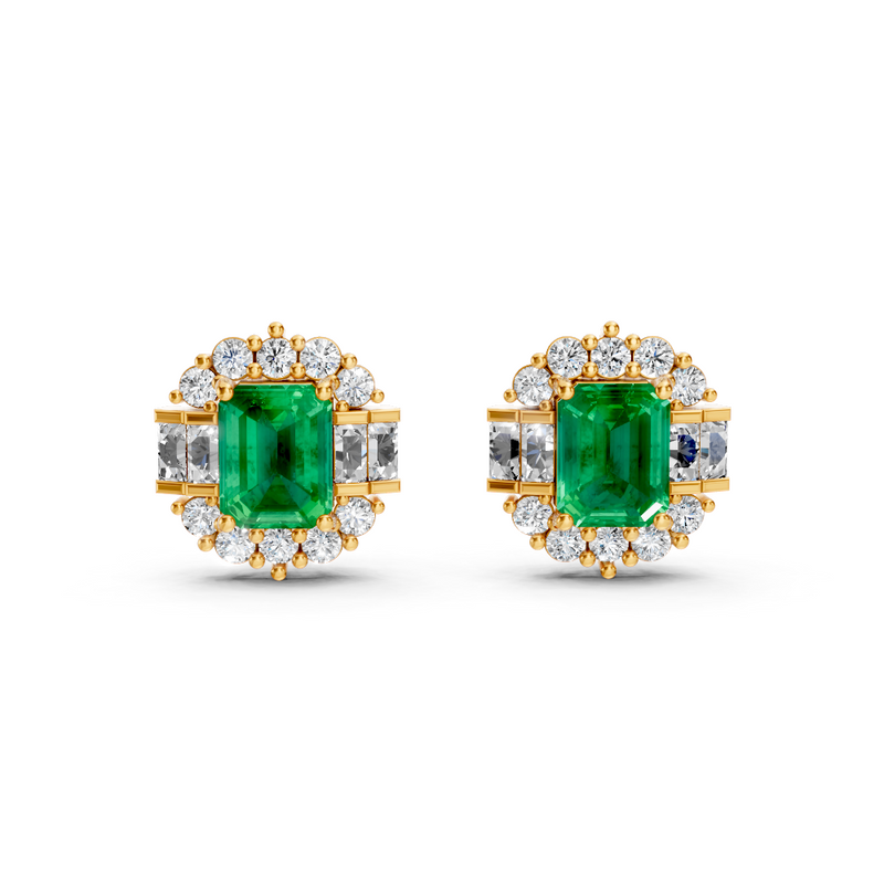 Colombian Emerald Art Deco Baguette & Round Halo Stud Earrings 1