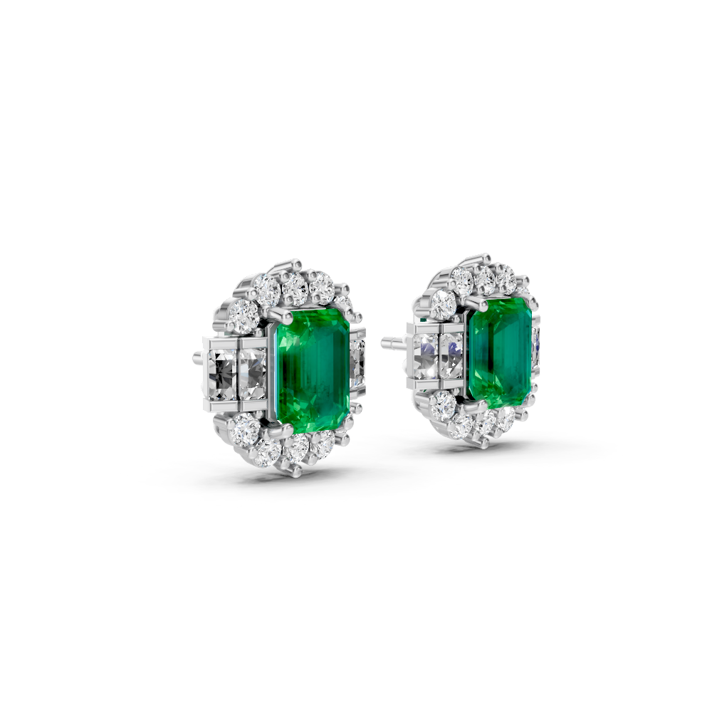 Colombian Emerald Art Deco Baguette & Round Halo Stud Earrings