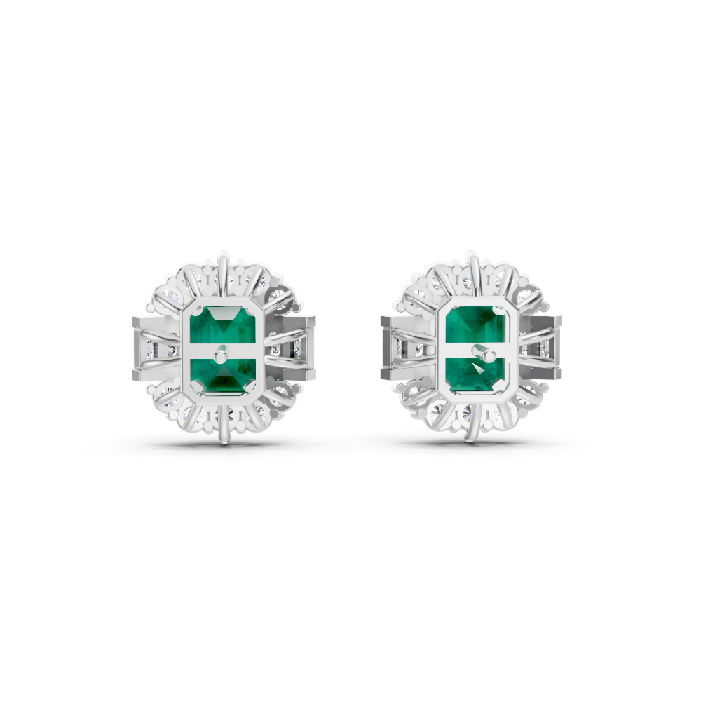 Colombian Emerald Art Deco Baguette & Round Halo Stud Earrings