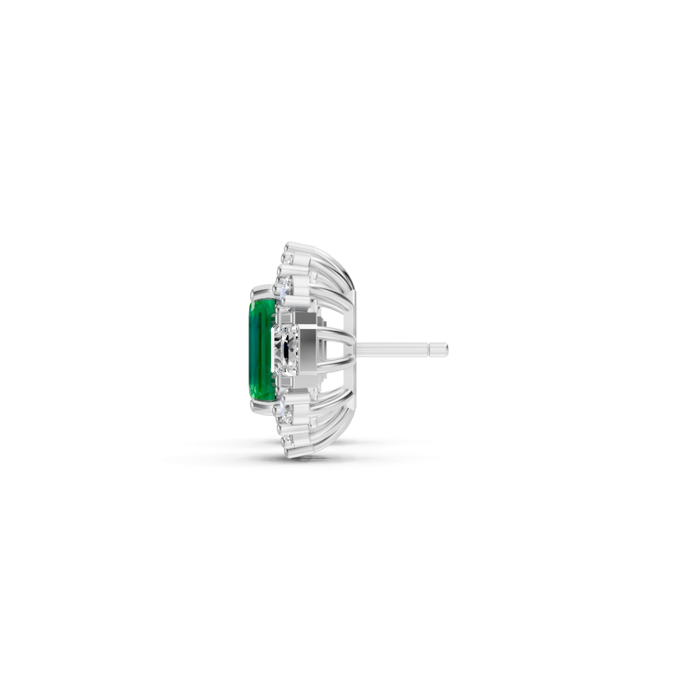 Colombian Emerald Art Deco Baguette & Round Halo Stud Earrings