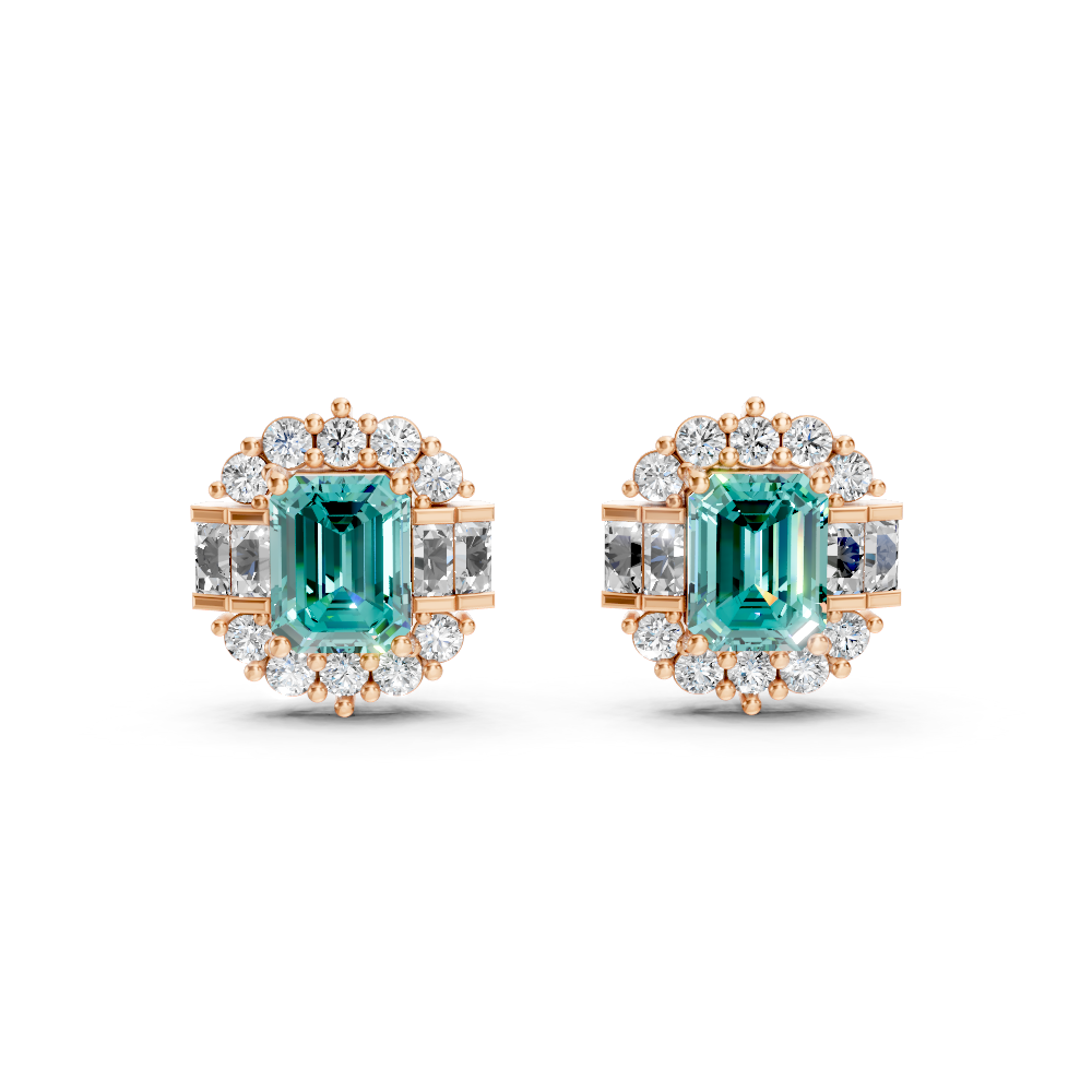 Paraiba Tourmaline Art Deco Baguette & Round Halo Stud Earrings
