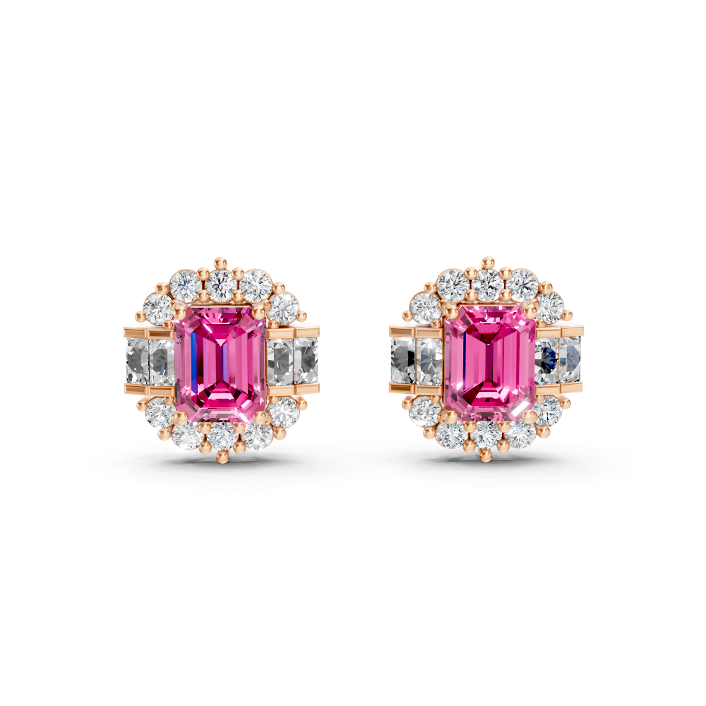 Pink Sapphire Art Deco Baguette & Round Halo Stud Earrings