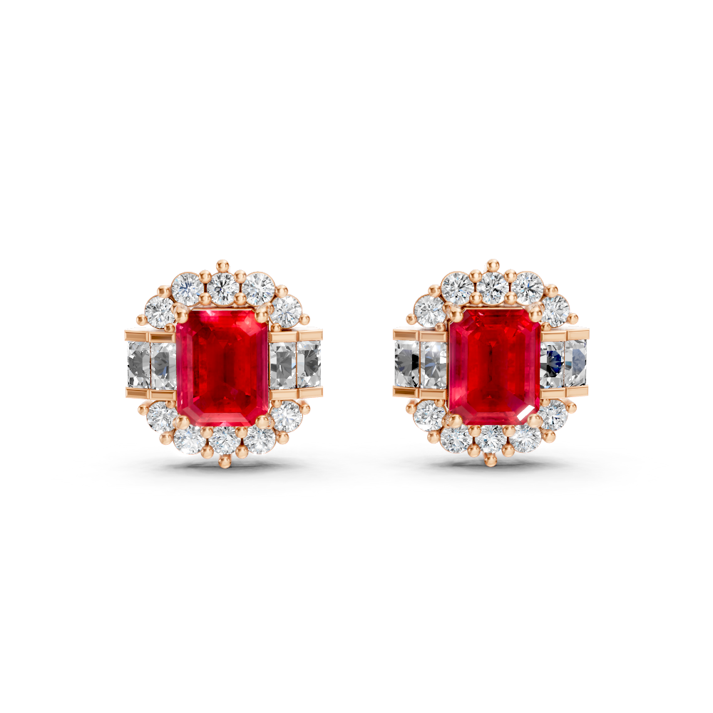 Ruby Art Deco Baguette & Round Halo Stud Earrings