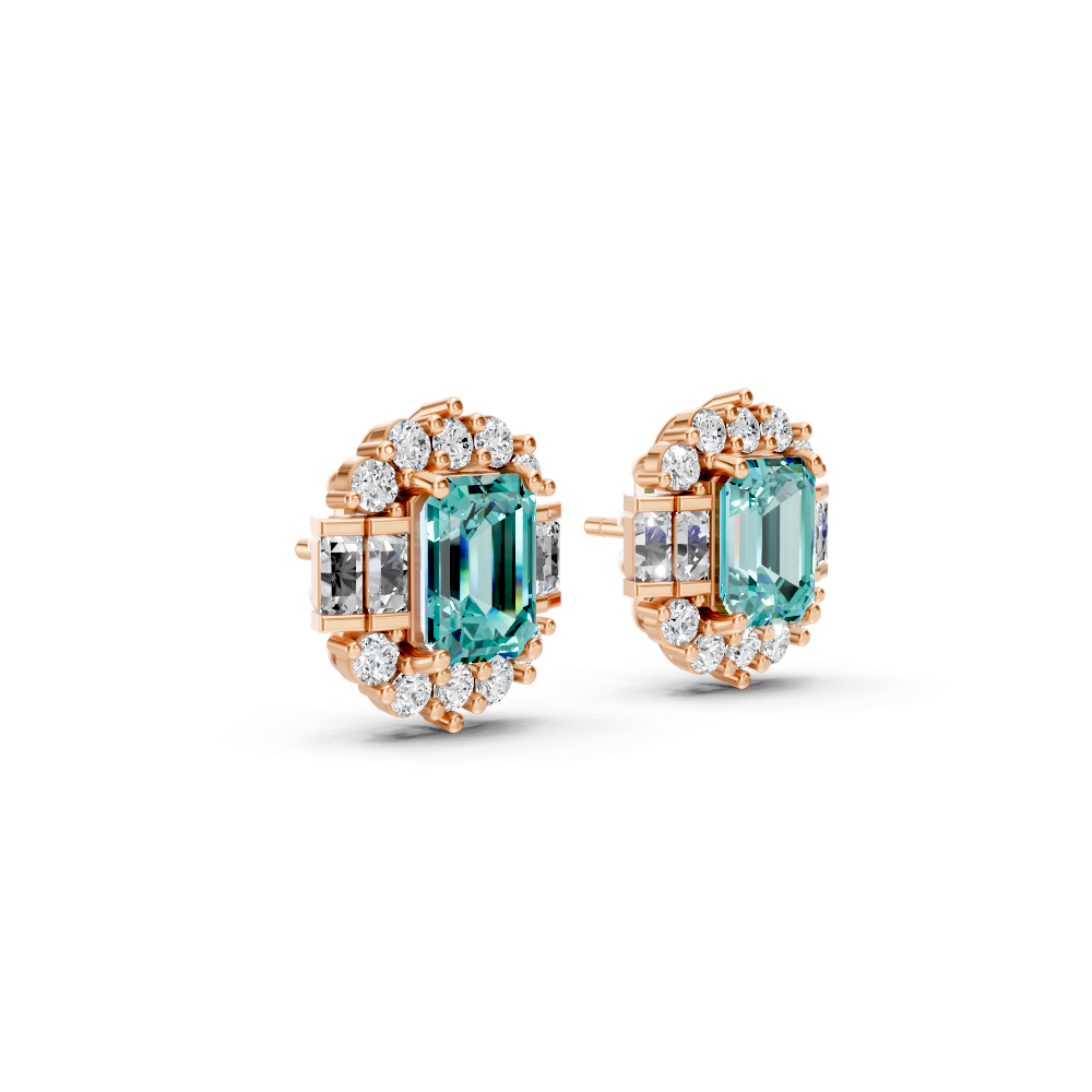 Paraiba Tourmaline Art Deco Baguette & Round Halo Stud Earrings