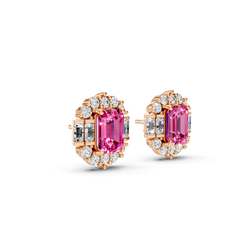 Pink Sapphire Art Deco Baguette & Round Halo Stud Earrings