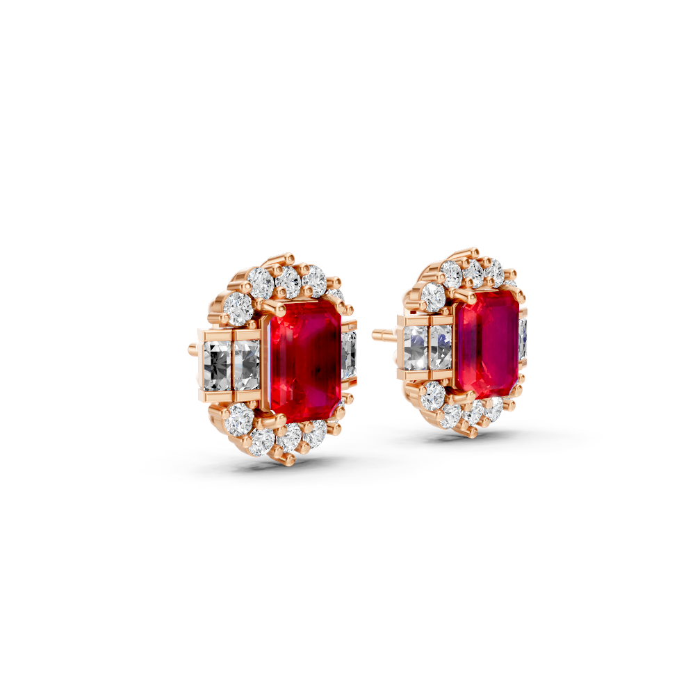 Ruby Art Deco Baguette & Round Halo Stud Earrings