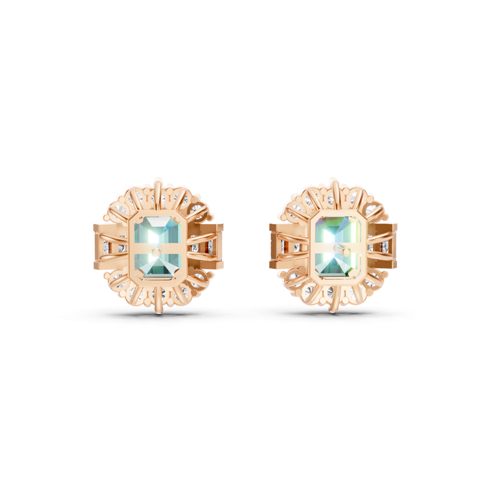 Paraiba Tourmaline Art Deco Baguette & Round Halo Stud Earrings