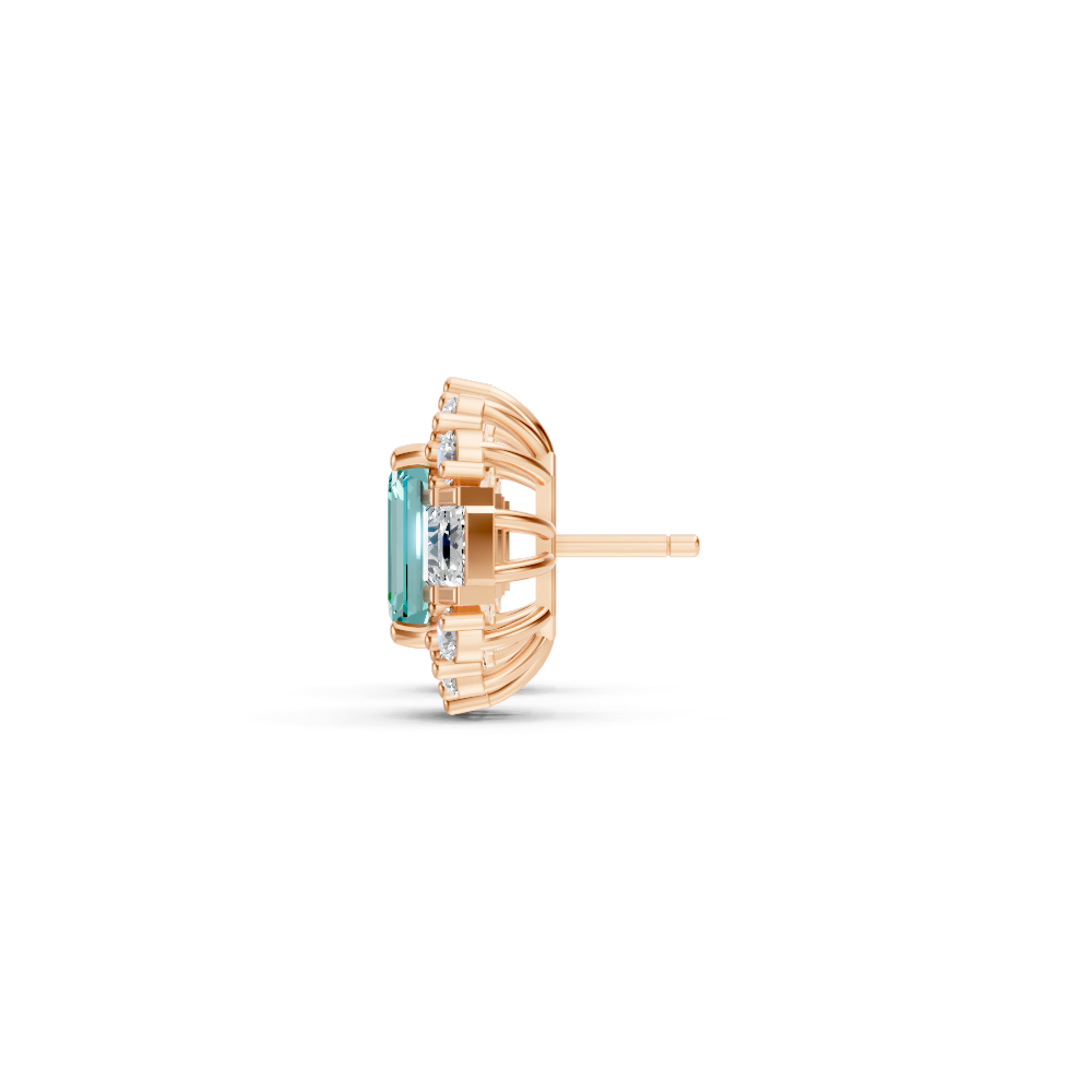 Paraiba Tourmaline Art Deco Baguette & Round Halo Stud Earrings