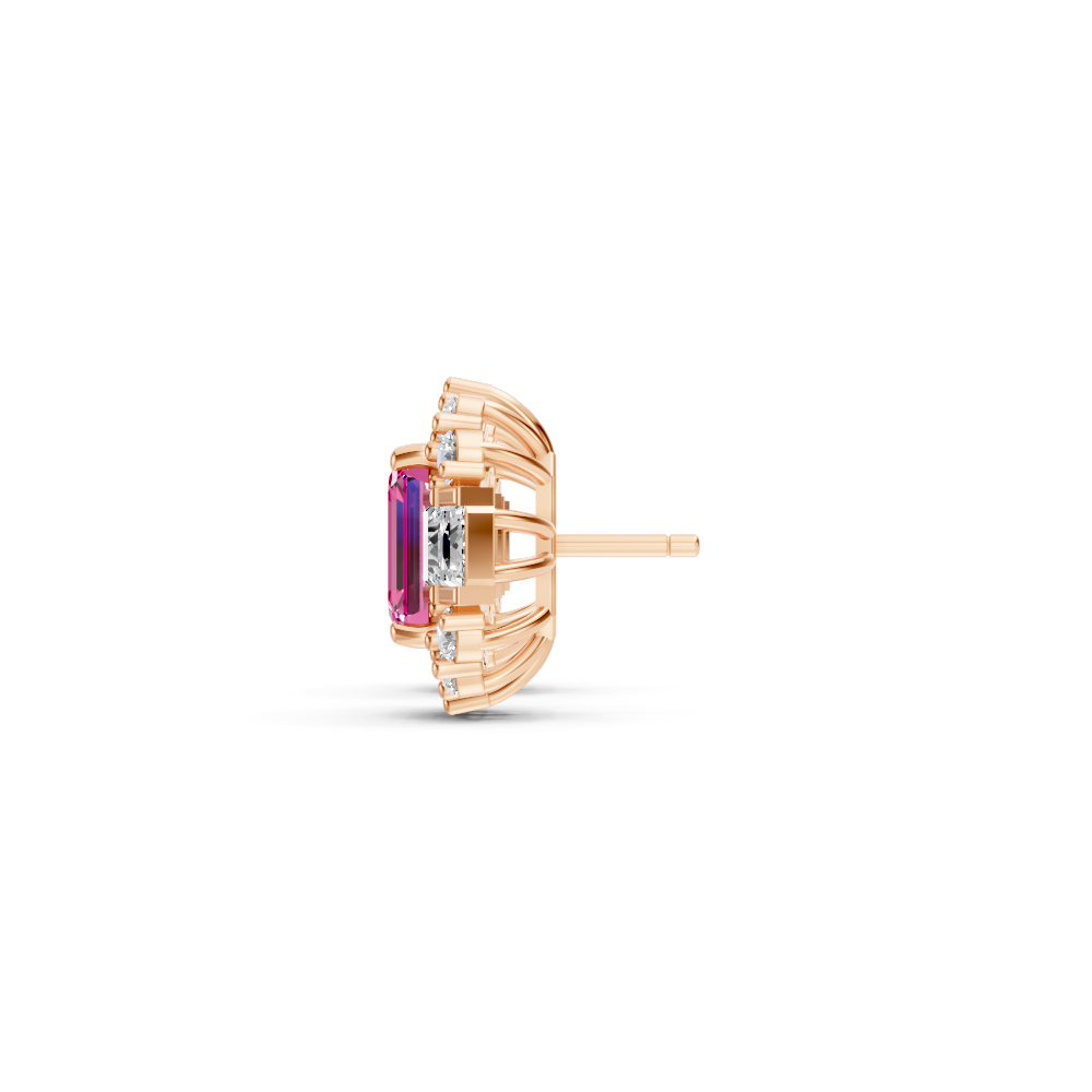Pink Sapphire Art Deco Baguette & Round Halo Stud Earrings