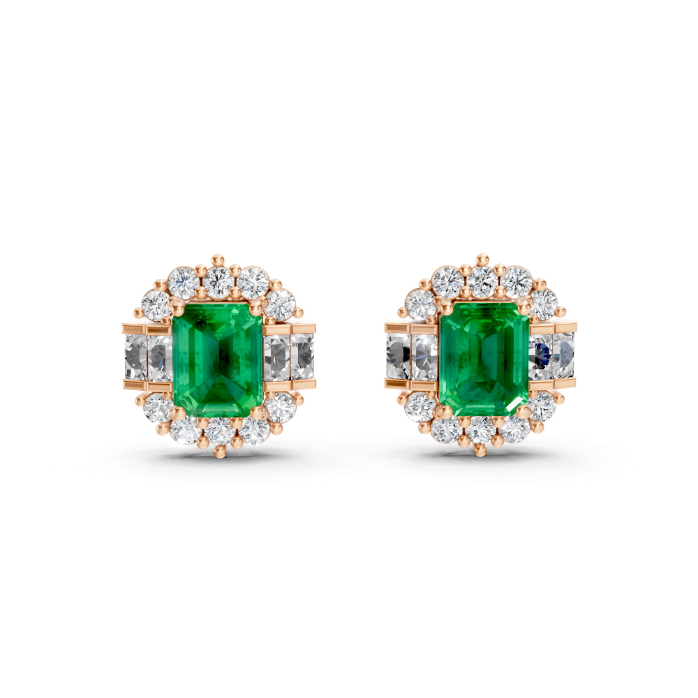 Colombian Emerald Art Deco Baguette & Round Halo Stud Earrings