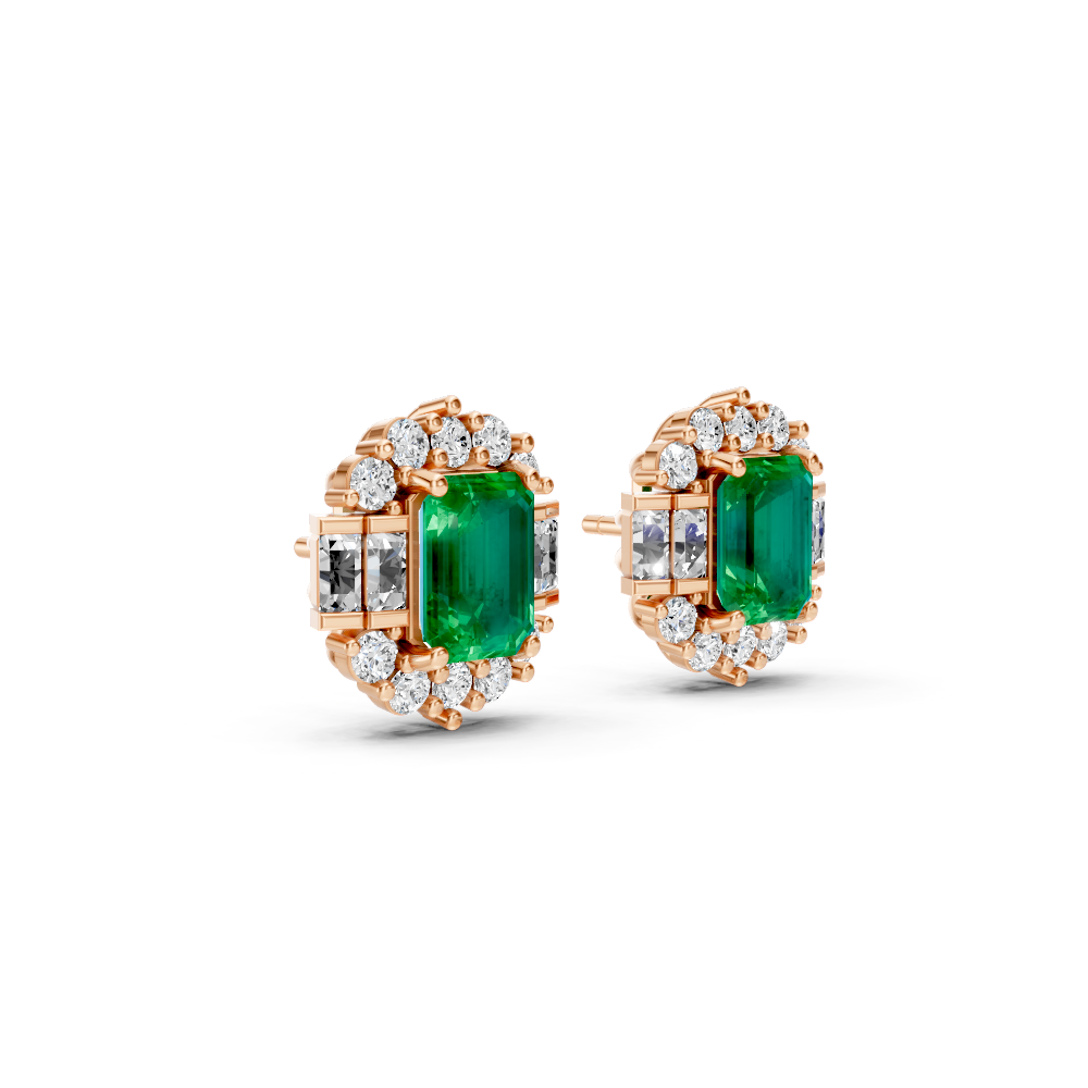 Colombian Emerald Art Deco Baguette & Round Halo Stud Earrings