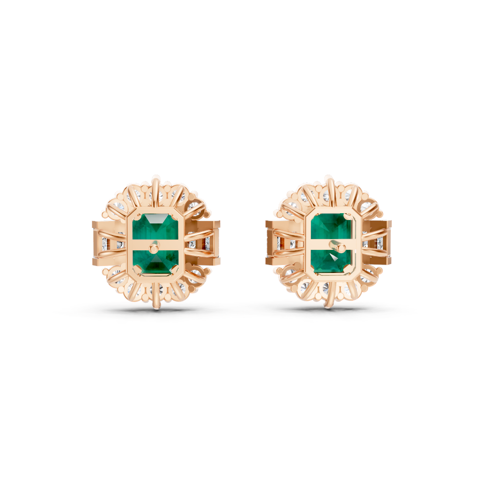 Colombian Emerald Art Deco Baguette & Round Halo Stud Earrings