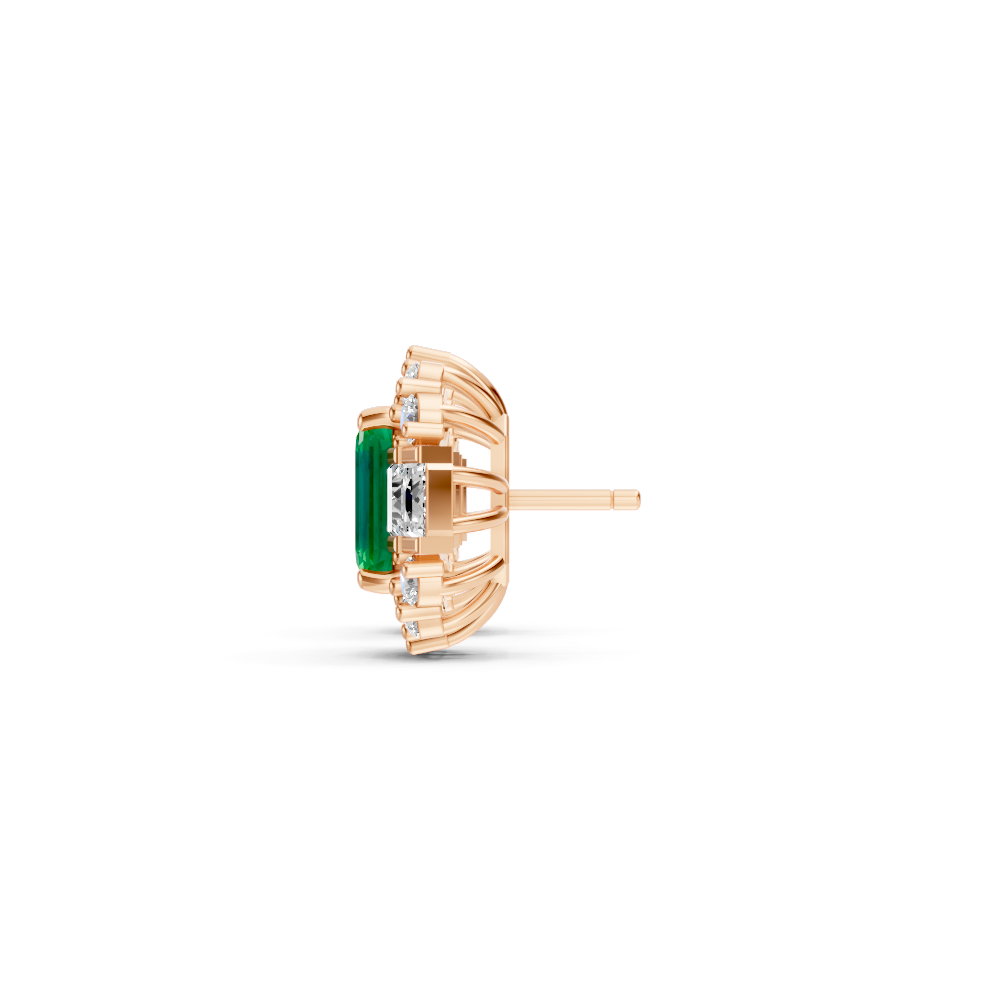 Colombian Emerald Art Deco Baguette & Round Halo Stud Earrings