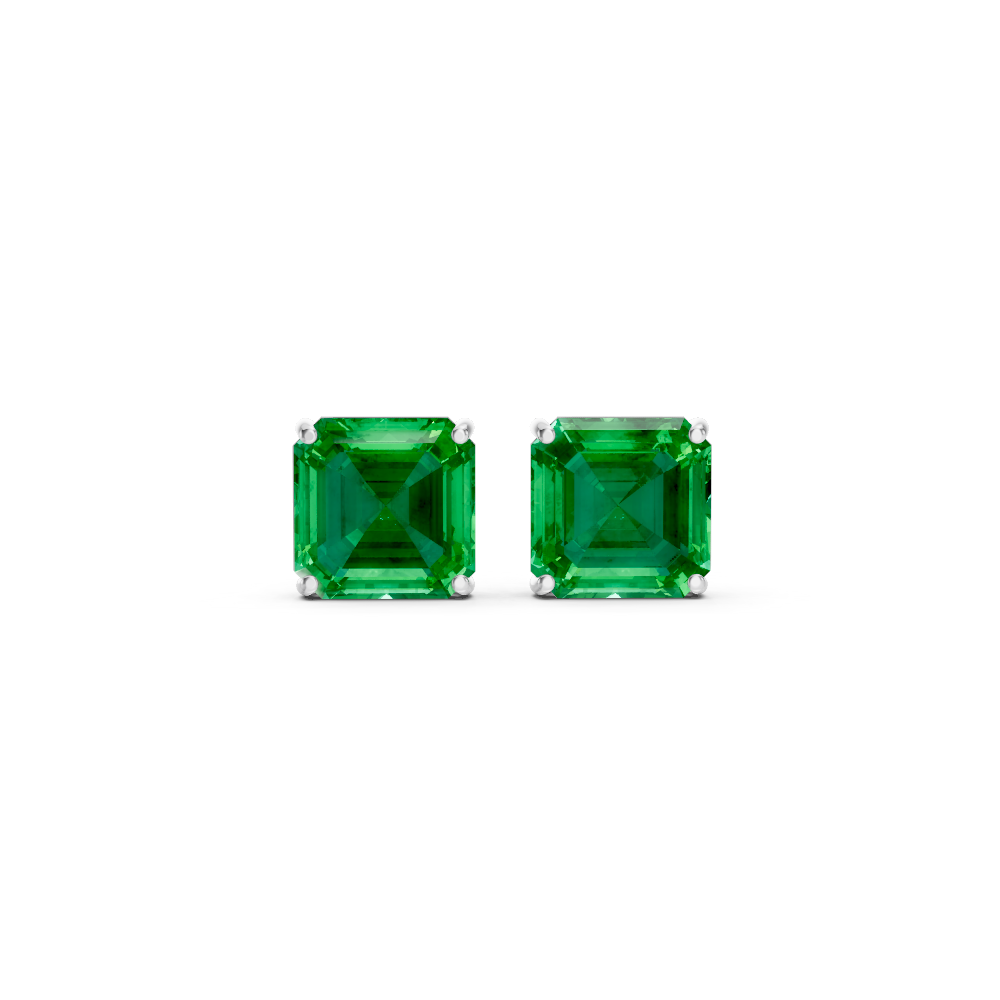 Colombian Emerald Diamond Asscher Cut Stud Earrings