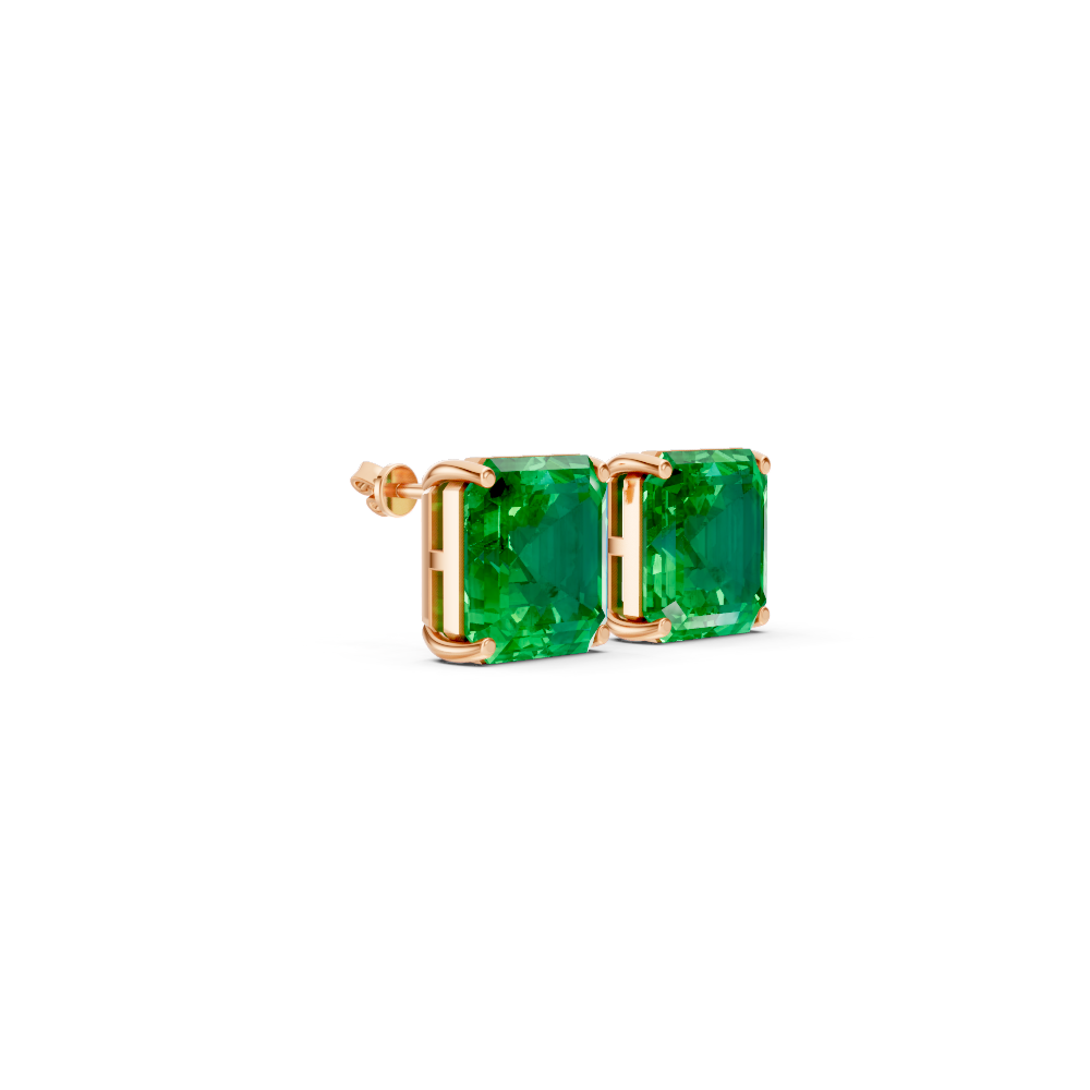 Colombian Emerald Diamond Asscher Cut Stud Earrings