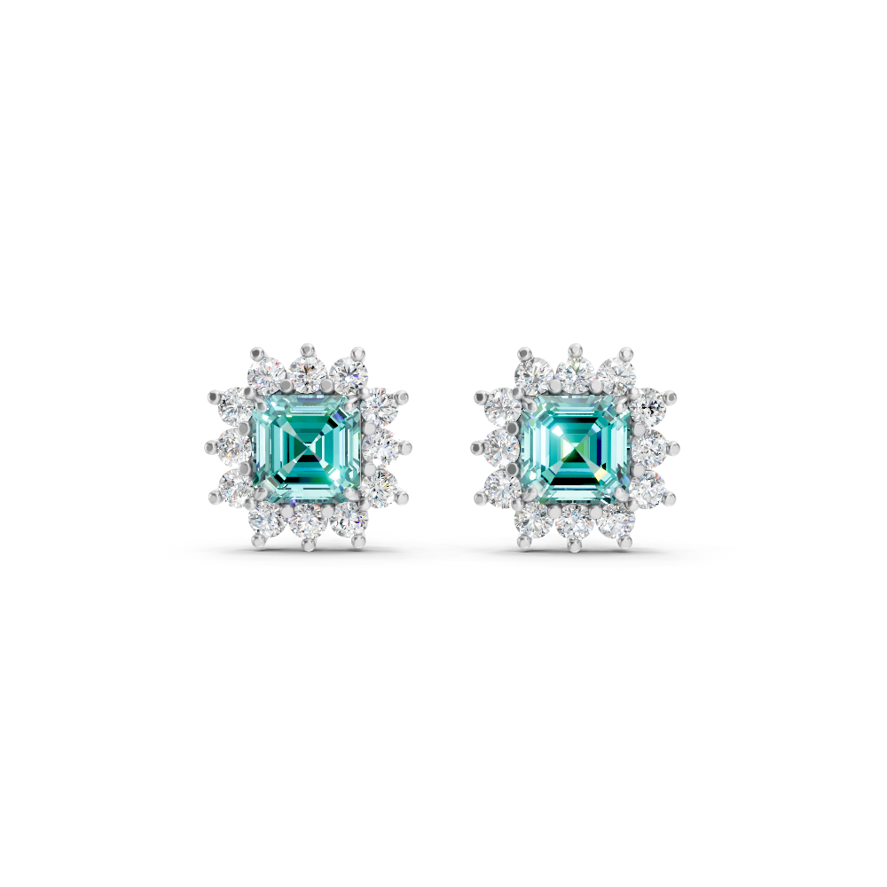 Paraiba Tourmaline Ruby Asscher Cut Sunburst Halo Stud Earrings