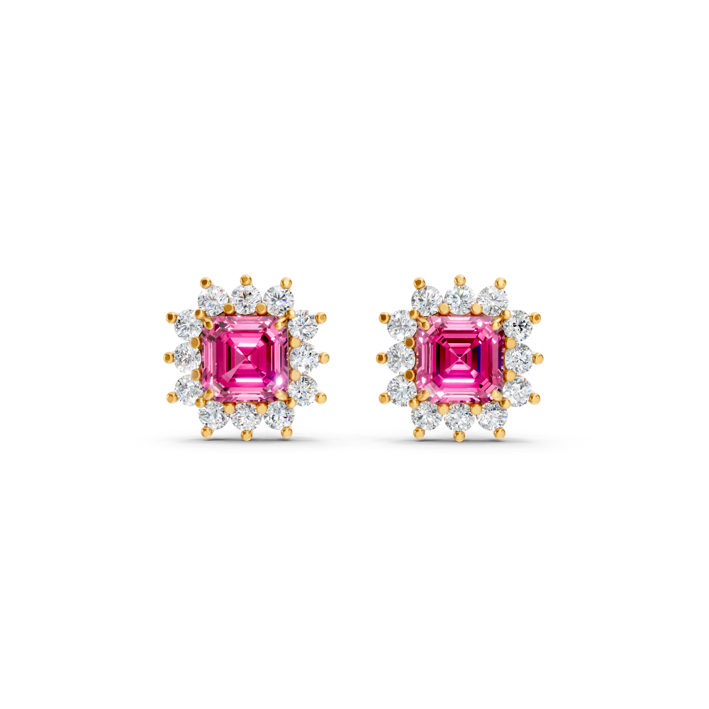 Pink Sapphire Ruby Asscher Cut Sunburst Halo Stud Earrings