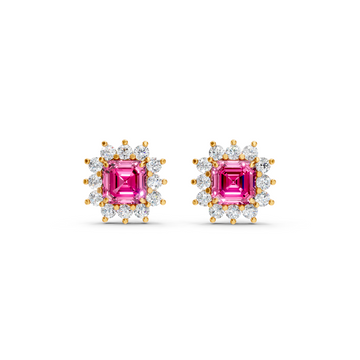 Pink Sapphire Ruby Asscher Cut Sunburst Halo Stud Earrings