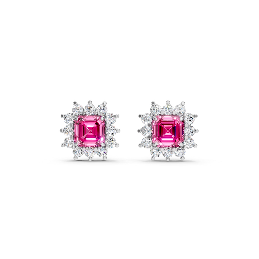 Pink Sapphire Ruby Asscher Cut Sunburst Halo Stud Earrings