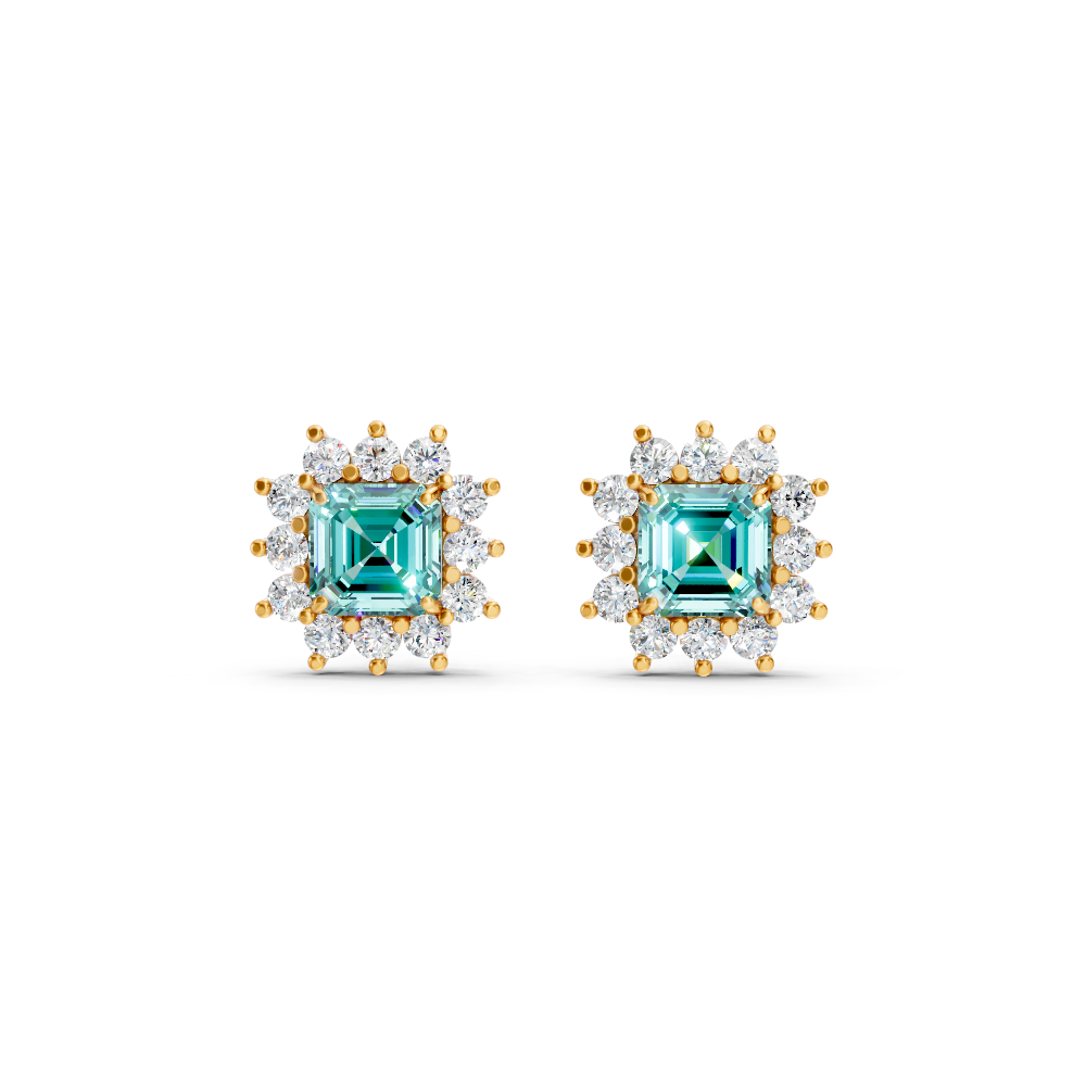Paraiba Tourmaline Ruby Asscher Cut Sunburst Halo Stud Earrings