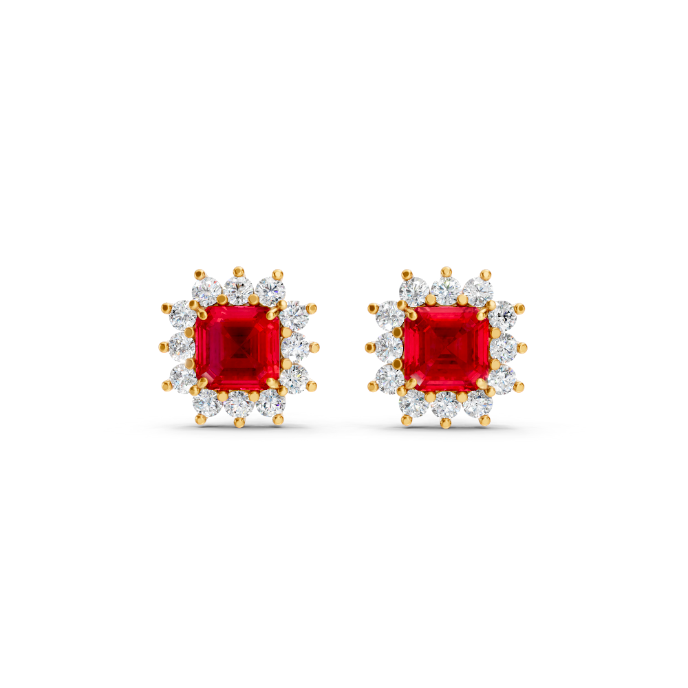 Ruby Asscher Cut Sunburst Halo Stud Earrings