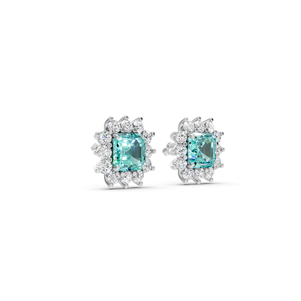 Paraiba Tourmaline Ruby Asscher Cut Sunburst Halo Stud Earrings