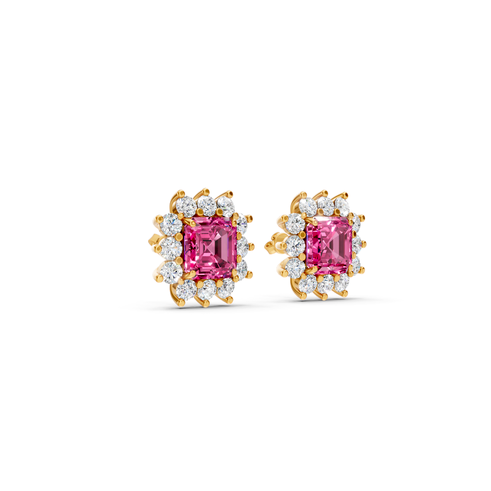 Pink Sapphire Ruby Asscher Cut Sunburst Halo Stud Earrings