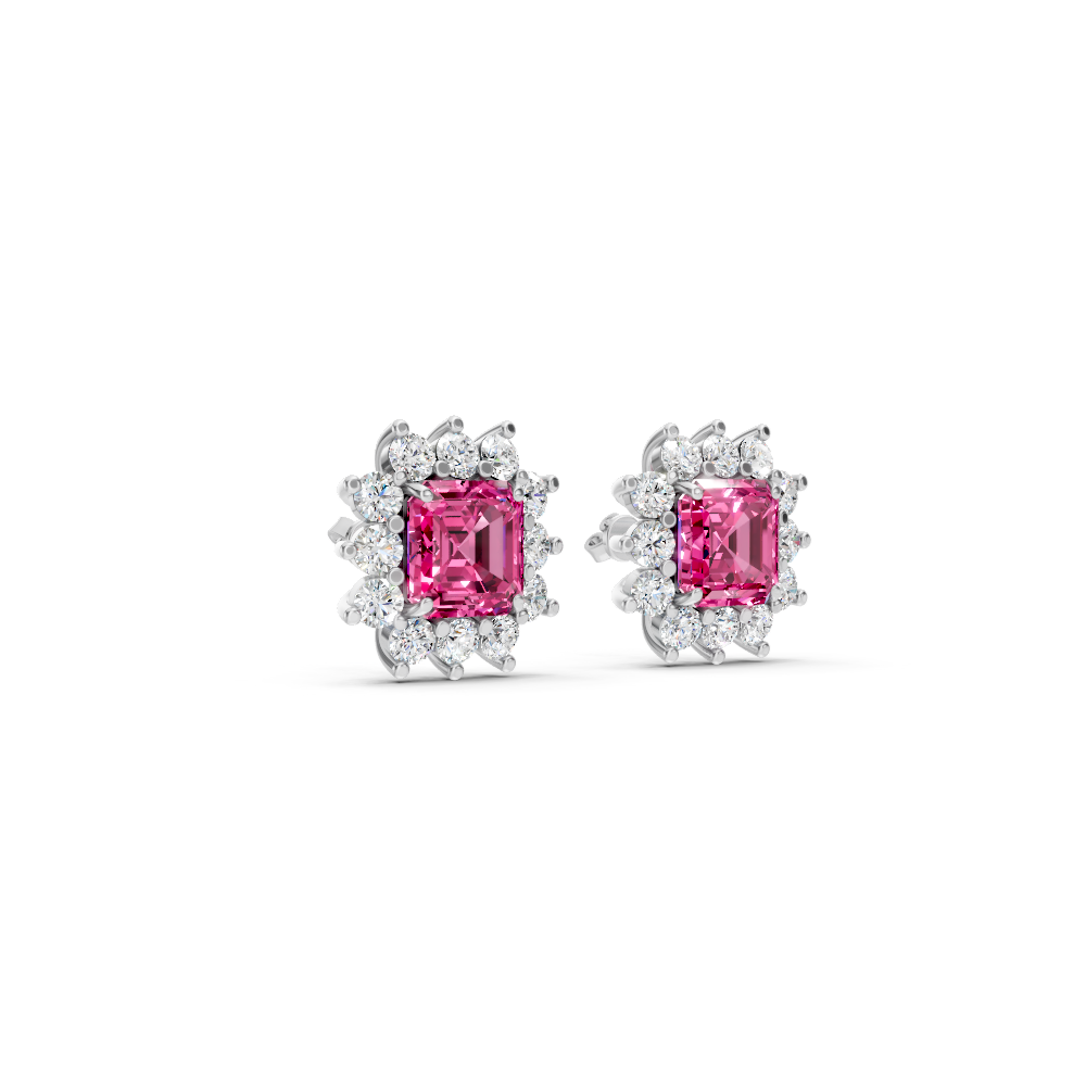 Pink Sapphire Ruby Asscher Cut Sunburst Halo Stud Earrings