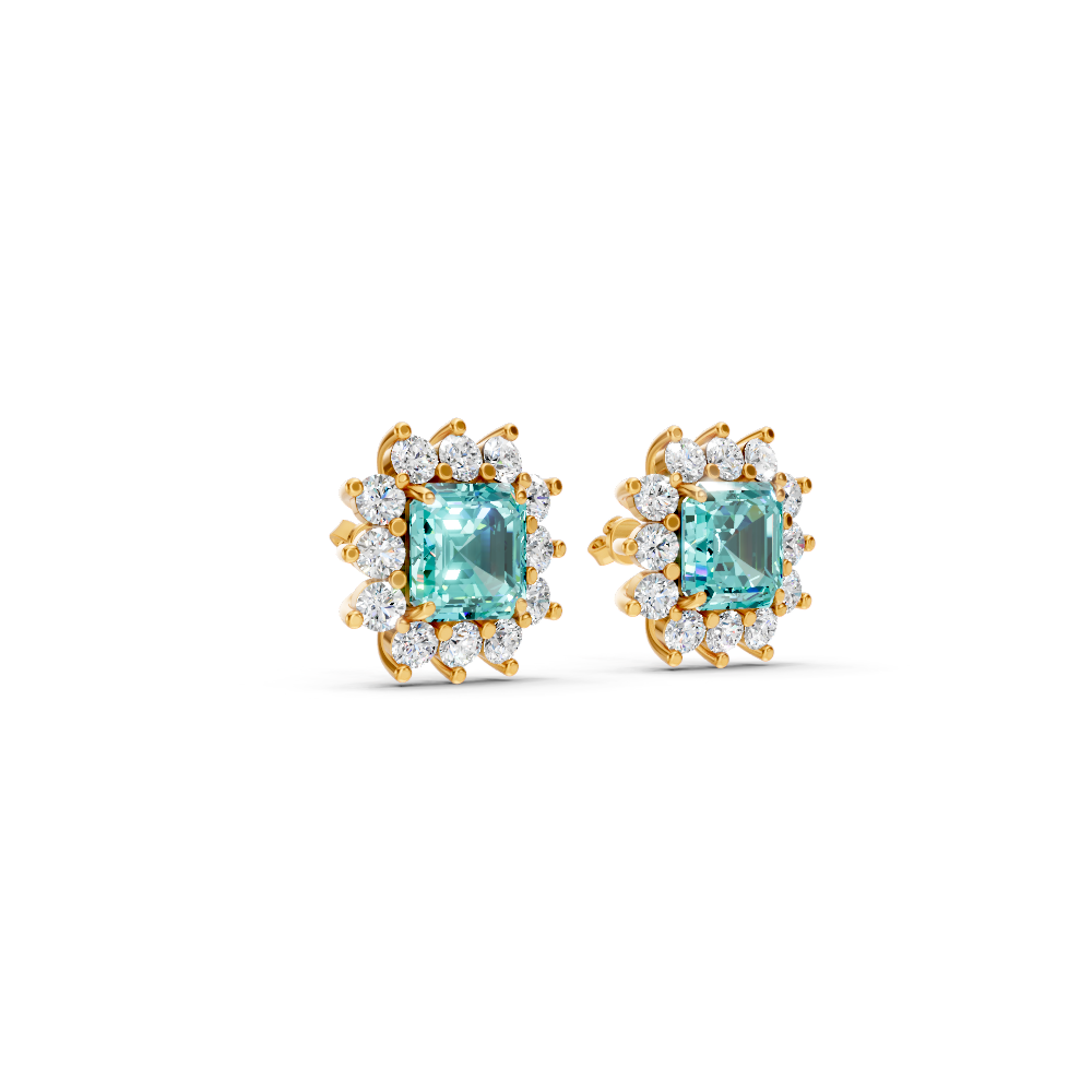 Paraiba Tourmaline Ruby Asscher Cut Sunburst Halo Stud Earrings