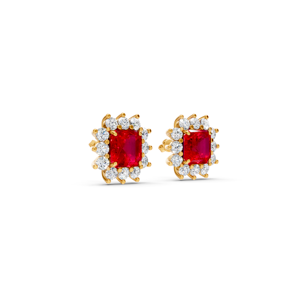 Ruby Asscher Cut Sunburst Halo Stud Earrings