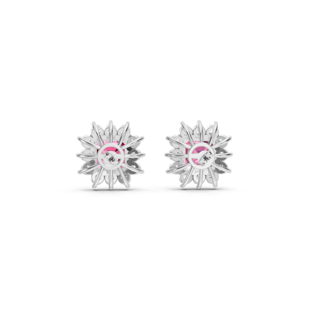 Pink Sapphire Ruby Asscher Cut Sunburst Halo Stud Earrings