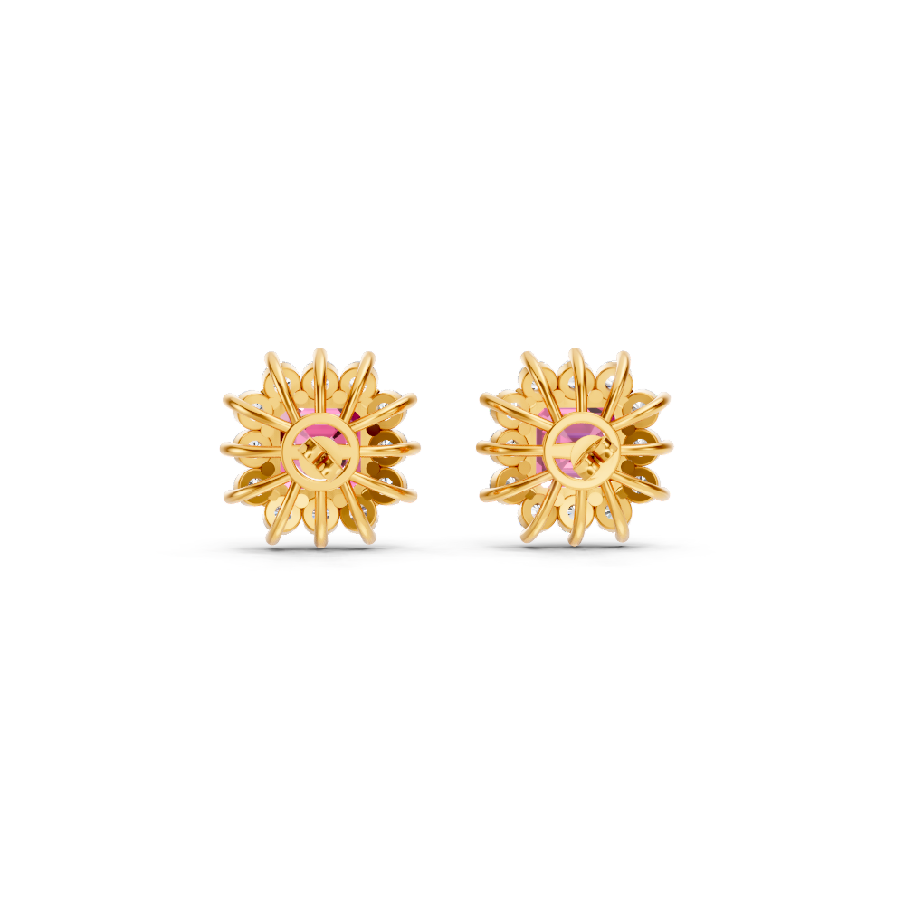 Pink Sapphire Ruby Asscher Cut Sunburst Halo Stud Earrings