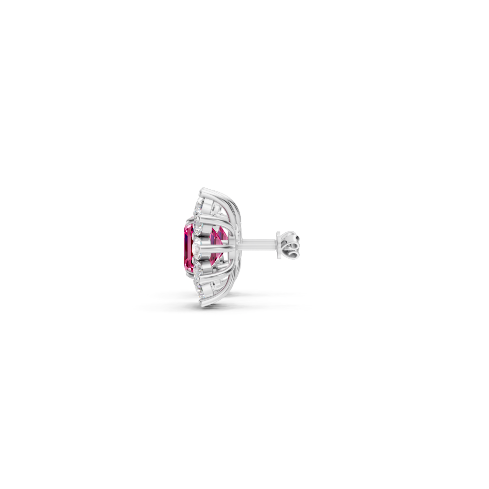 Pink Sapphire Ruby Asscher Cut Sunburst Halo Stud Earrings