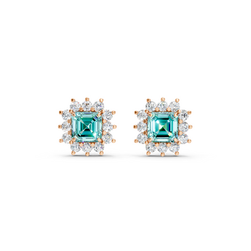 Paraiba Tourmaline Ruby Asscher Cut Sunburst Halo Stud Earrings