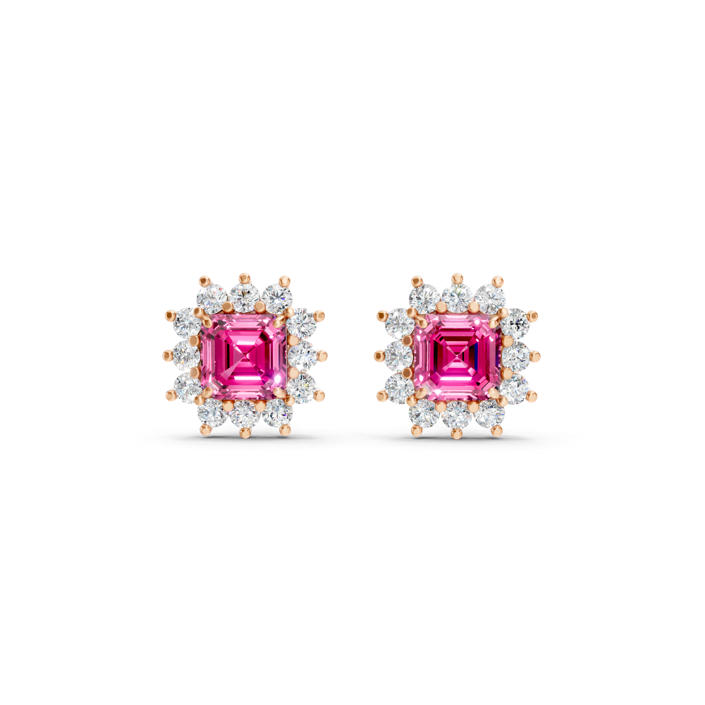 Pink Sapphire Ruby Asscher Cut Sunburst Halo Stud Earrings
