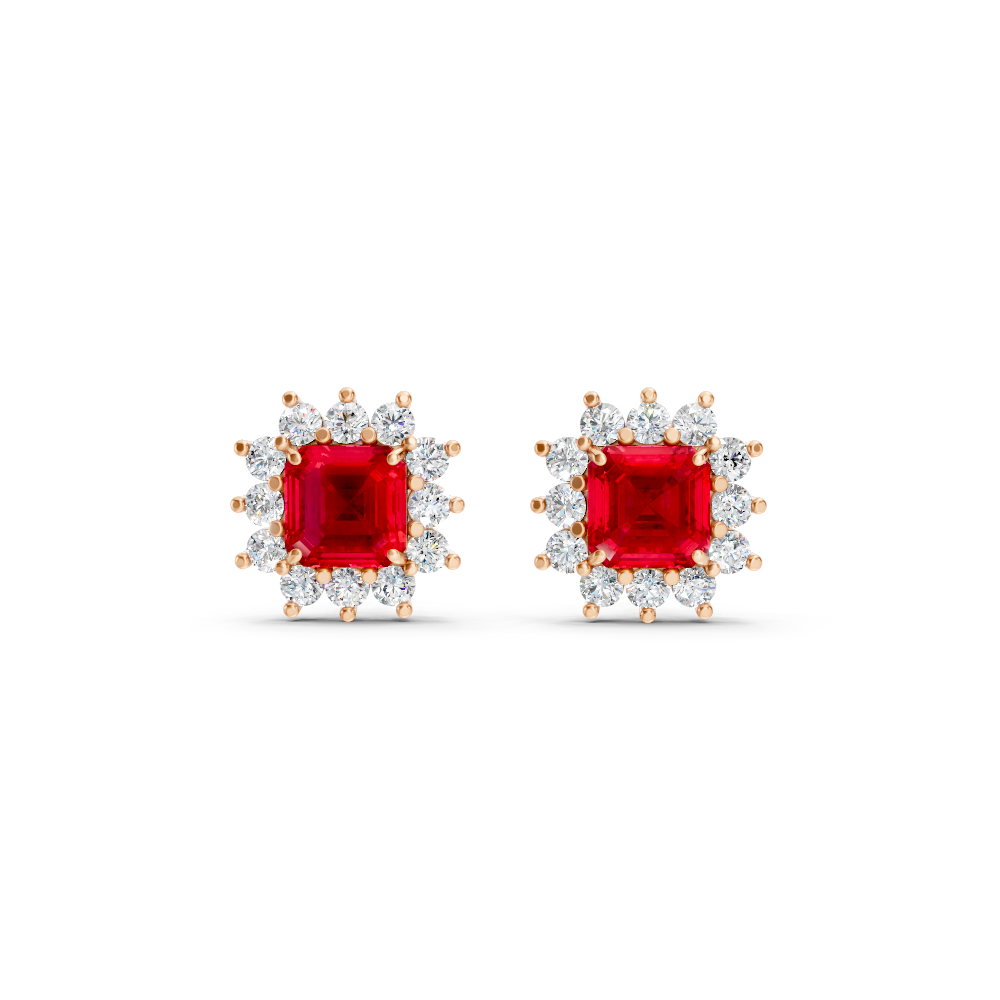 Ruby Asscher Cut Sunburst Halo Stud Earrings