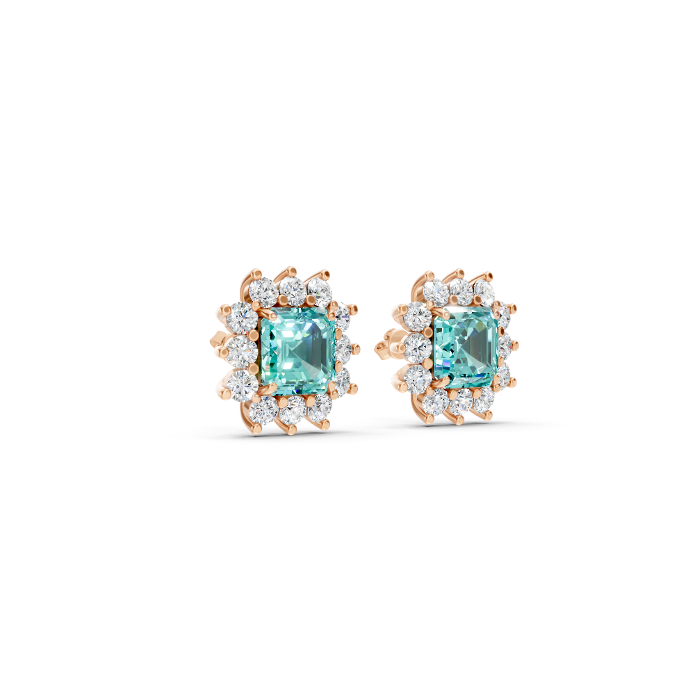 Paraiba Tourmaline Ruby Asscher Cut Sunburst Halo Stud Earrings