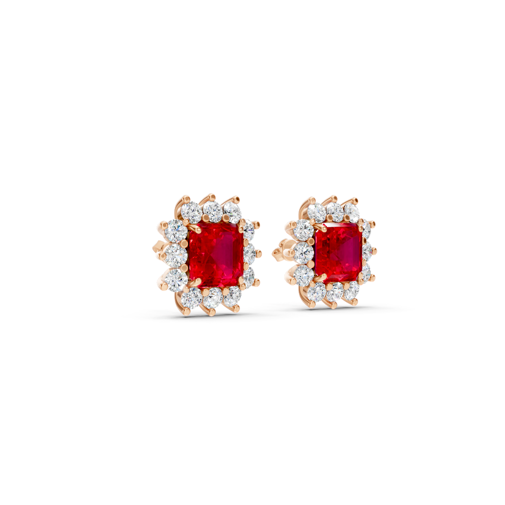 Ruby Asscher Cut Sunburst Halo Stud Earrings