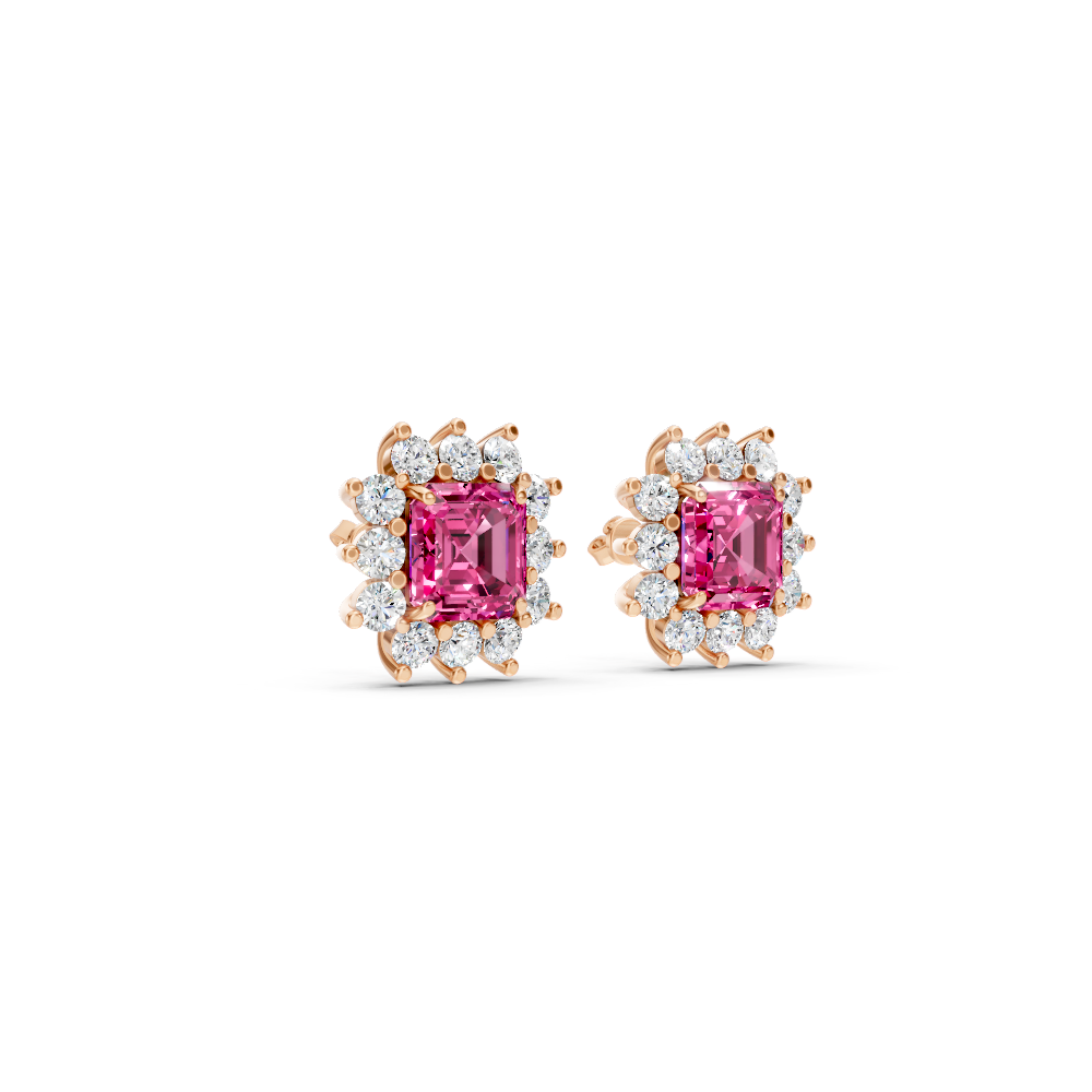 Pink Sapphire Ruby Asscher Cut Sunburst Halo Stud Earrings