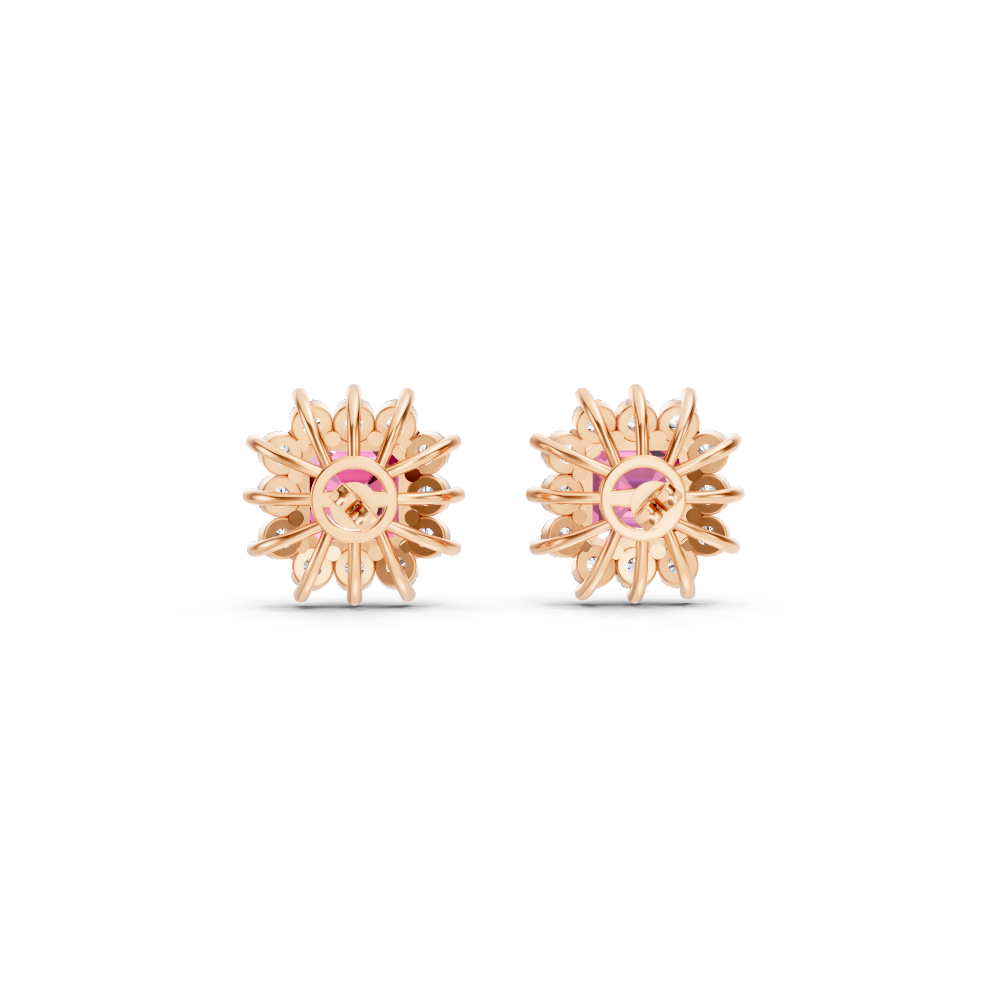 Pink Sapphire Ruby Asscher Cut Sunburst Halo Stud Earrings