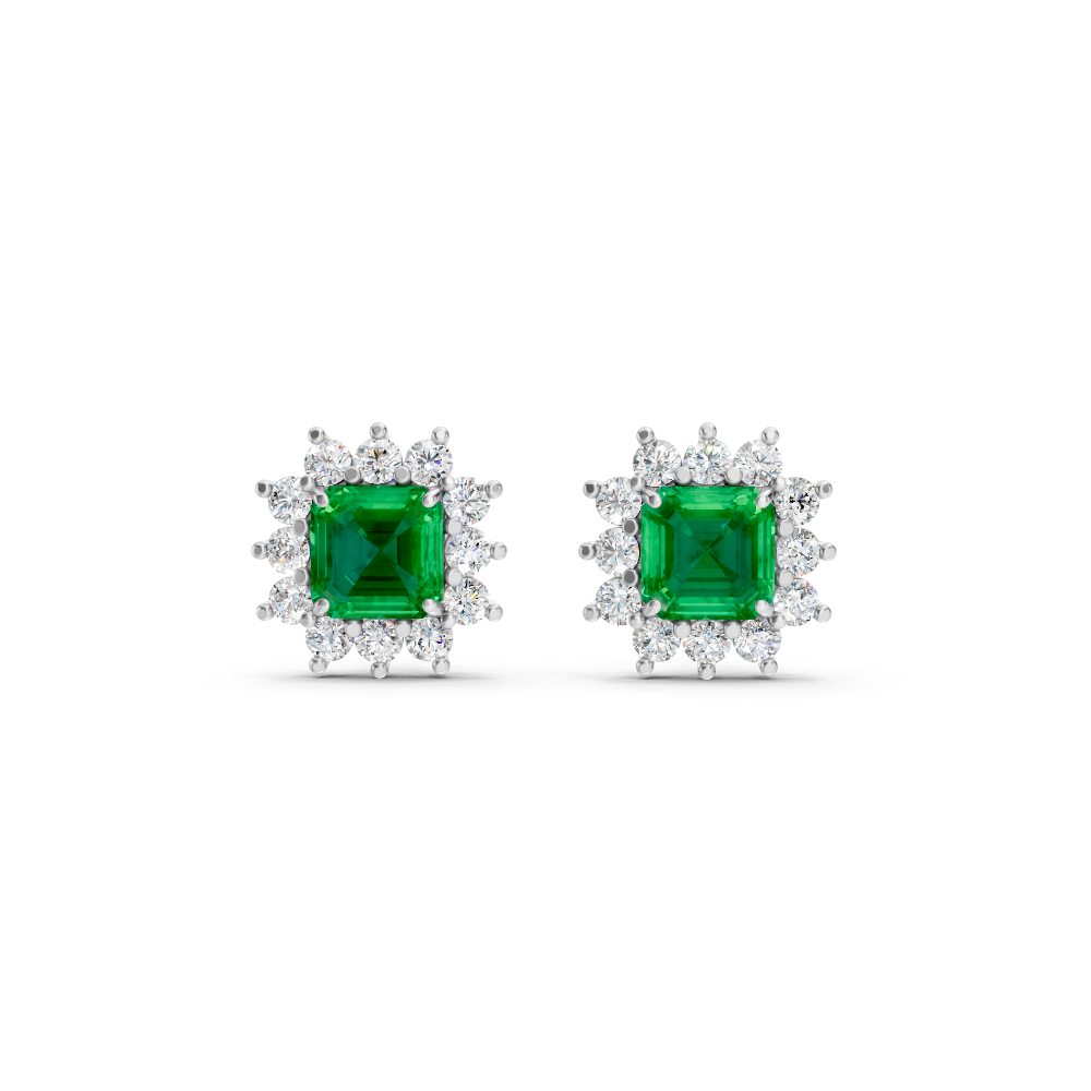 Colombian Emerald Ruby Asscher Cut Sunburst Halo Stud Earrings