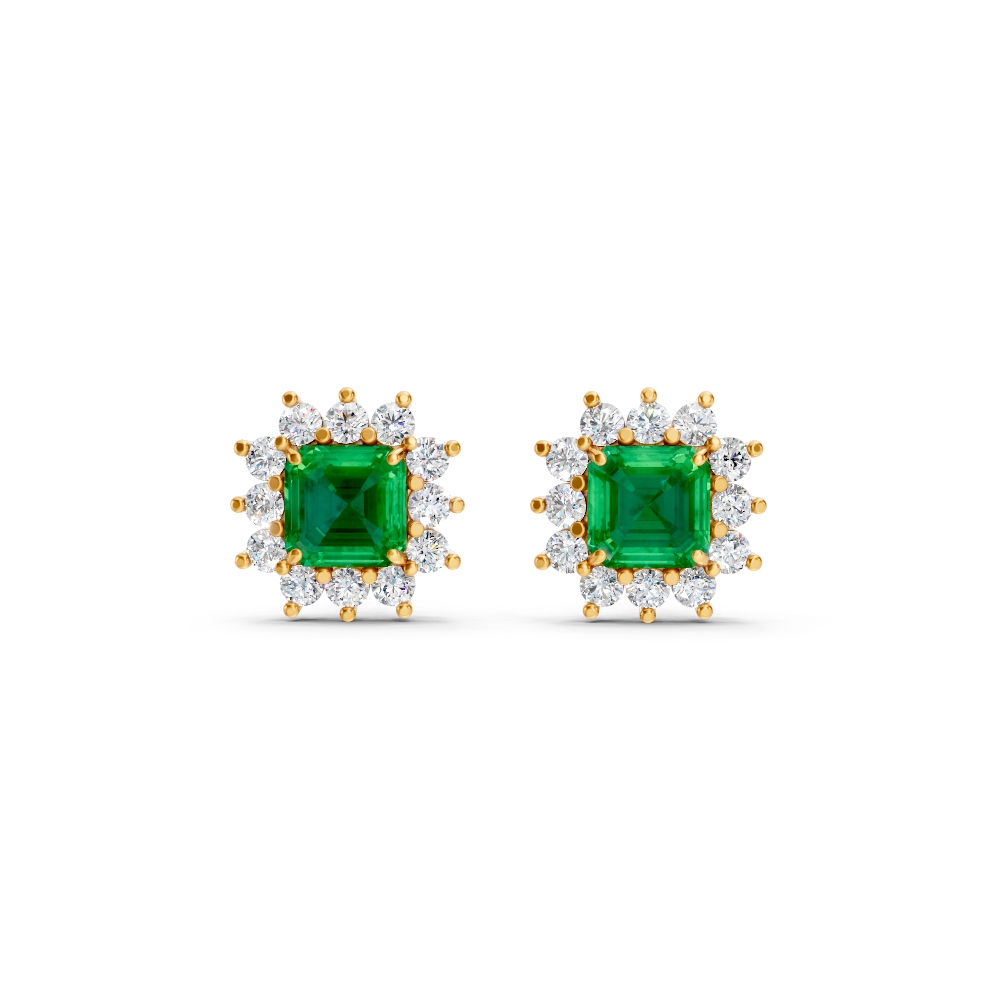 Colombian Emerald Ruby Asscher Cut Sunburst Halo Stud Earrings