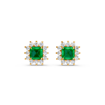 Colombian Emerald Ruby Asscher Cut Sunburst Halo Stud Earrings