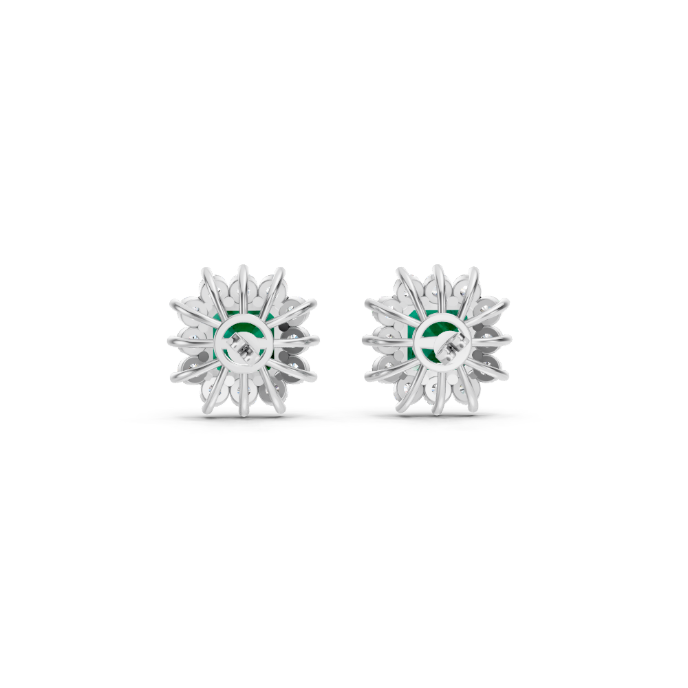 Colombian Emerald Ruby Asscher Cut Sunburst Halo Stud Earrings