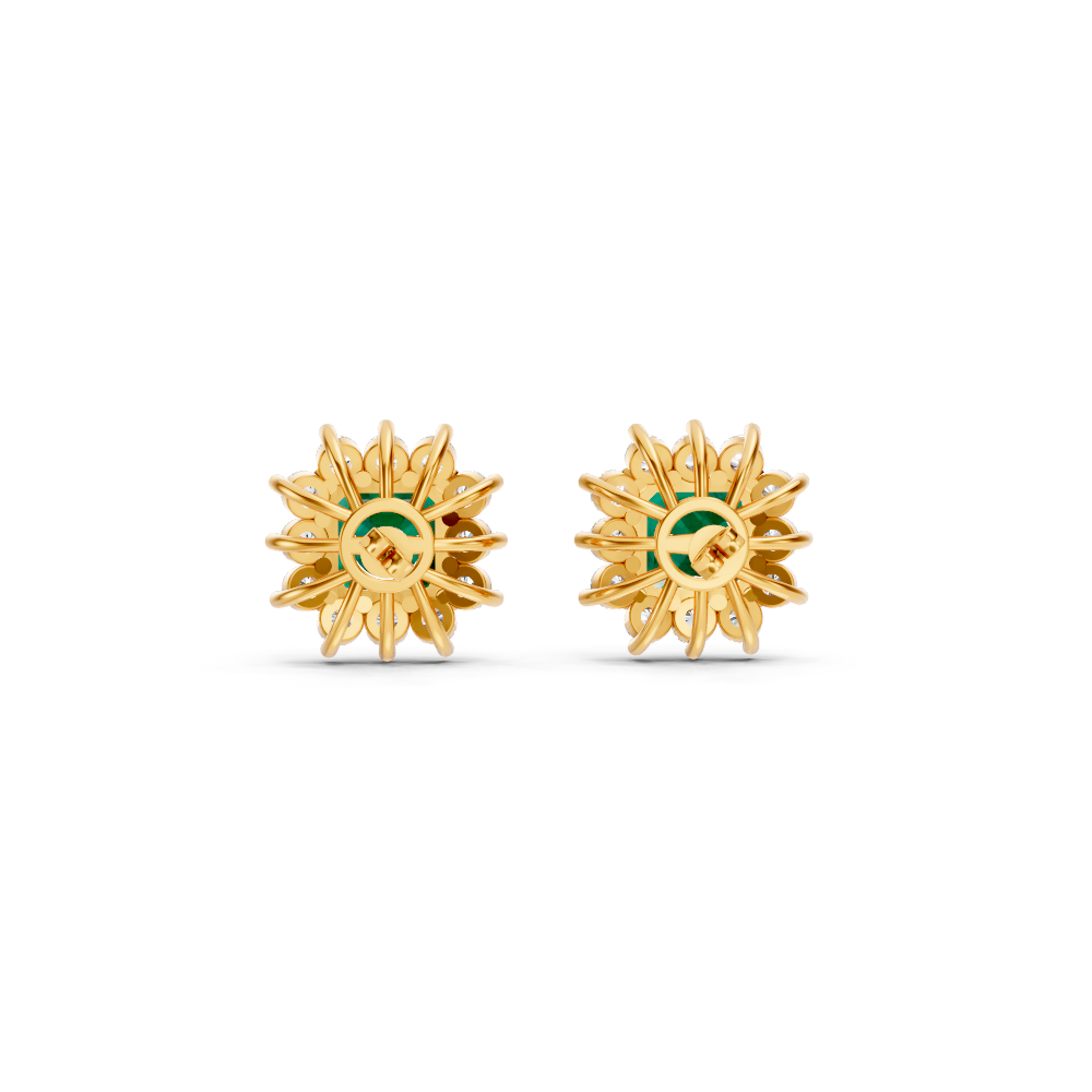 Colombian Emerald Ruby Asscher Cut Sunburst Halo Stud Earrings