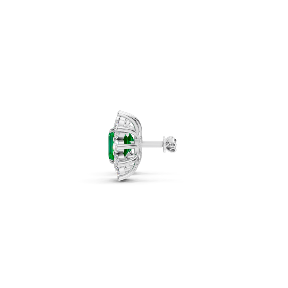 Colombian Emerald Ruby Asscher Cut Sunburst Halo Stud Earrings