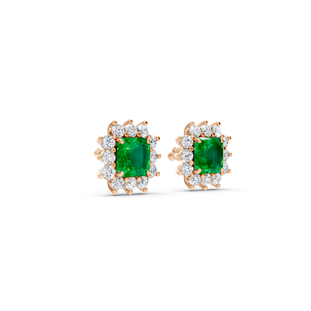 Colombian Emerald Ruby Asscher Cut Sunburst Halo Stud Earrings